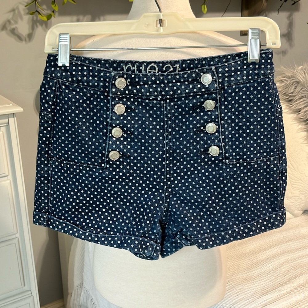 Dotted Denim Double Buttoned Jean Shorts Womens 3/4